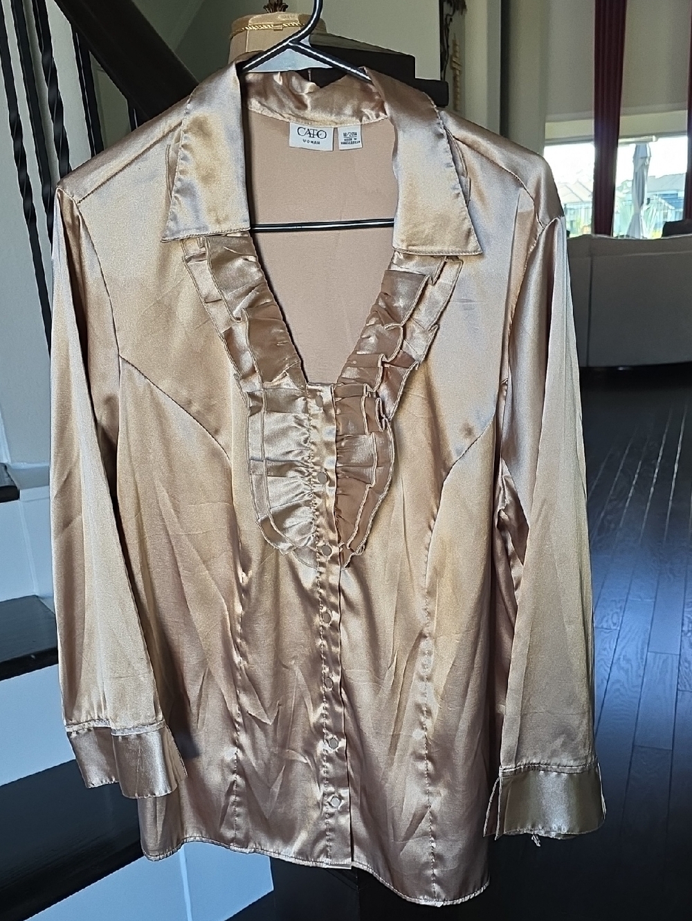 Cato Shimmery Gold Ruffle-Front Satin Blouse